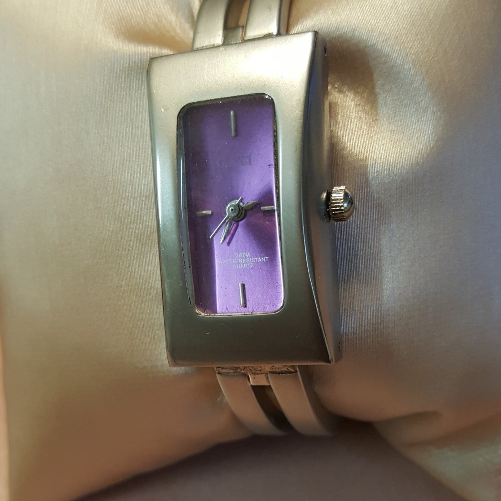Gucci Sterling Silver Purple Face Ladies Bracelet Watch Size 6.5 Small